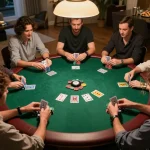 Players engaged in a thrilling poker game at home, showcasing a vibrant scene with lu88xz elements, social bonding and strategy in play.