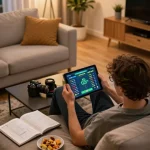 Kèo nhà cái hôm nay highlights a person strategizing bets while using a tablet in a cozy living room setting