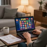 Experience fun79's online gaming with a cozy at-home setup featuring vibrant slot game action.