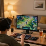 Engaged user watching đá gà thomo match online, showcasing thrilling gaming experience.