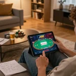 Player engaging with j188 casino app on tablet in cozy home setting with strategy notes and warm lighting.