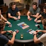Experience Five88 online poker gameplay with friends around a table, highlighting excitement and strategy.