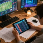 bl555 user engaging in sports betting while reviewing strategies on tablet, showcasing an inviting home office atmosphere