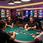 Players engaged in poker at gen88h casino with vibrant ambience and elegant tables.