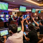 Engaged bettors reviewing tỷ lệ bóng đá in a bustling sports betting venue, vibrant screens showcasing live matches.