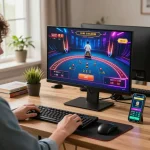 Engaging online gaming scene with live dealer game on screen, showcasing bet88vn's exciting gameplay.