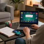 Sky88 online casino player engaged in poker game at home, highlighting strategic gameplay.