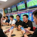 Bong88v users engaged in dynamic sports betting, surrounded by multiple screens, capturing excitement and energy.
