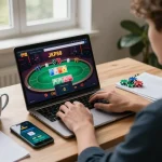 Player enjoying JKP88 online casino gaming with poker scene on laptop.