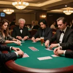 Players engaged in high-stakes poker at the trang chủ go8 casino, intense atmosphere with cards and chips in play.