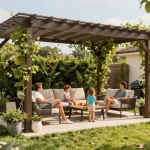 Family enjoying a newly designed outdoor pergola using Pergola Sales Software for real-time configuration and visualization.