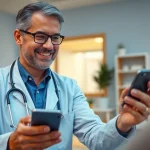 Message a doctor online 24/7 with a professional doctor and patient in a healthcare setting.
