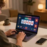 Player enjoying online VIP79 casino games on laptop in a cozy home environment.