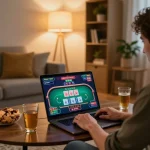 Engaged player enjoying online gaming at home with 789bet, showcasing live dealer action.