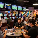 Kèo nhà cái 88 view of enthusiastic bettors analyzing live sports betting options in a modern casino