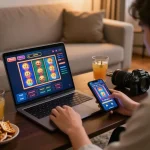 Engaging in online gambling at one88 while using a laptop and smartphone for a virtual casino experience.