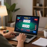 Engaging in online poker on a laptop while exploring 79king strategies at home.