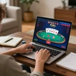 Engaging in online gaming on 33win com with vibrant poker visuals and cozy home atmosphere