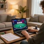Experience the thrill of online poker with 23Win on a cozy home setup as players engage strategically.