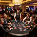 Engaging blackjack game at a luxurious Las Vegas casino showcasing Da88 chips and intense player focus