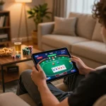bl555 player enjoying poker on a tablet with snacks in a cozy living room setting