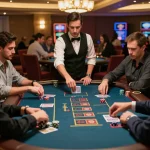 Players strategizing in an exciting blackjack game at sc88 table, vibrant casino atmosphere with focused participants