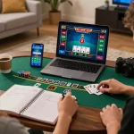Player engaging in live blackjack game on laptop at home, showcasing scap gaming strategies and excitement.