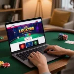 Player enjoying LUCKY88 online casino gaming on a laptop in a cozy home environment.