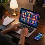 Person enjoying 99ok gaming on a laptop at home with vibrant slot graphics.