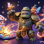 Experience the thrills of 79win79 with magical characters and vibrant slot games in this captivating illustration.