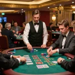 Players engaged at PUB88 blackjack table placing high-stakes bets in a vibrant casino