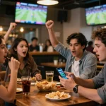 Engaging friends utilizing a keonhacai betting app while watching sports live at a bar