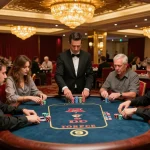 Players enjoying high-stakes poker at U888 casino with vibrant atmosphere and luxurious details.