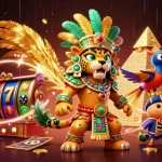 Spin the reels at hm88 featuring a Mayan priest and quetzal bird amid vibrant slot game elements.