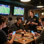 Fans placing bets on their mobile devices at 33win's vibrant sports betting area.