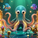 Engage with 123win6 while exploring a vibrant underwater treasure scene filled with gems and a playful diving cat.