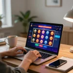 Player using laptop for vaobet slot games, showcasing interactive online gambling experience