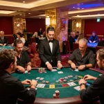 vin88 players enjoying an exciting blackjack game at an upscale casino, showcasing lively atmosphere.