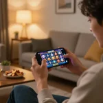 Engaging in mobile nohu90 gaming, a player eagerly awaits their slot game results in a cozy living room.