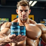 Showcase of Canadian anabolics products by a professional bodybuilder in a gym.