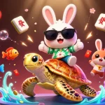 Win big at HIT CLUB with the lucky rabbit and golden turtle in a vibrant casino scene.