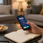 Person placing a bet using the MMOO app in a cozy home setting, emphasizing online gambling.