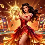 Play exciting casino games with kl995 and beautiful Asian woman surrounded by coins, jackpots, and vibrant casino elements.