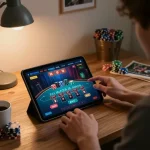 Engaging in live dealer blackjack on VK88 from a cozy home setup with tablet and chips.