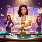 Engage with Sky88 casino excitement as an elegant Asian woman confidently holds golden cards amidst dynamic lottery elements.
