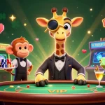 Engaging illustration of tx88ss featuring a giraffe in a suit, gaming elements, and vibrant casino atmosphere.
