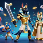Engage in thrilling gameplay at hubetvn with an ancient Egyptian themed casino illustration showcasing Anubis and sports elements.