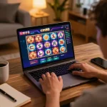 Engage with cm88 casino on your laptop showcasing thrilling slot games in a cozy home setup.