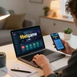 Person engaging with the 9betgame app on a laptop while taking strategic notes at a cozy home gaming setup.