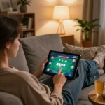 Experience online gambling with bom88 through dynamic poker gameplay in a cozy home setting.
